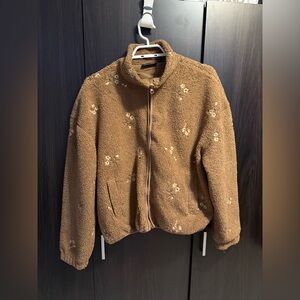 Cozy Brown Teddy Jacket with Floral Accents